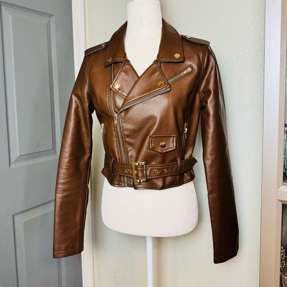 Fashion Nova Cropped Brown Faux Leather Jacket
